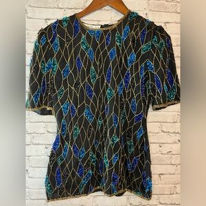 SCALA Vintage Beaded Peacock Blue Green 100% Silk Lined Blouse Petite Small